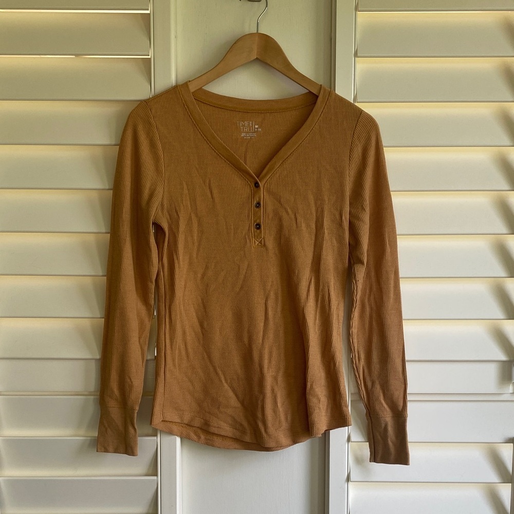 Time and Tru Tan Long Sleeve Henley Top